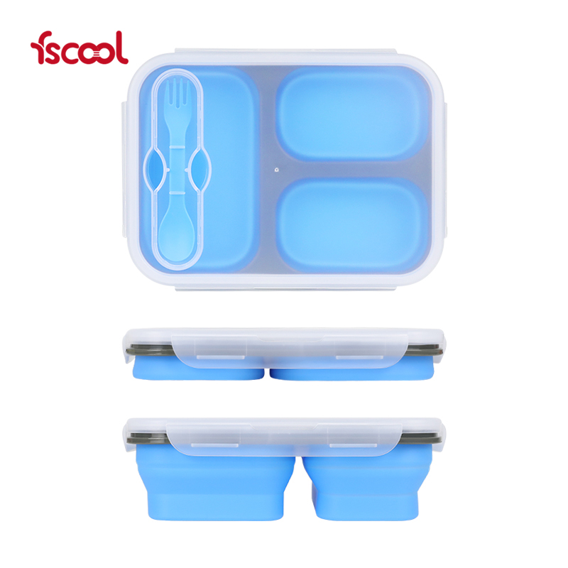 便携硅胶三格分装折叠饭盒|FDA餐盒硅胶饭盒|带勺硅胶饭盒-fscool